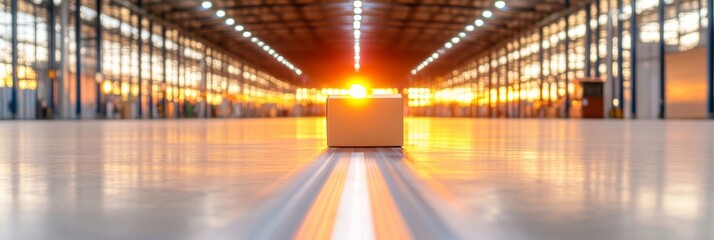 Fototapete - Sunlit Industrial Logistics Cardboard Box on Smooth Surface in Expansive Distribution Hub - Automated Parcel Processing and Modern Warehouse Efficiency