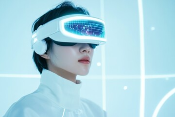 Fototapete - Futuristic Virtual Reality Collaboration Young Professional in Minimalistic Cyan Workspace with VR Interface - Remote Work Innovation for Modern Business Efficiency