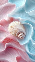 Wall Mural - Memorial day concept, Delicate Seashell on Colorful Flowing Textures of Soft Pink and Light Blue Waves