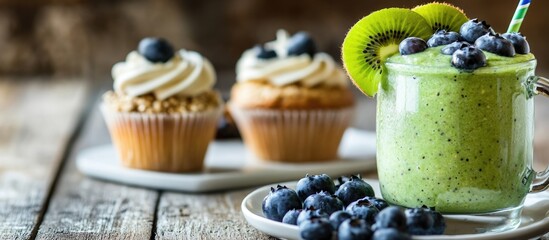 Canvas Print - Healthy breakfast featuring a green smoothie oatmeal porridge topped with blueberries and kiwi alongside sweet cupcakes on a wooden table.