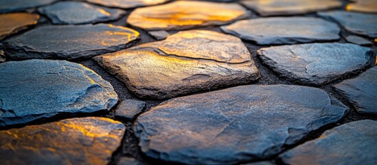 Canvas Print - Grey paving stone textures showcasing a mosaic design with illuminated surfaces highlighting shadows and facets.