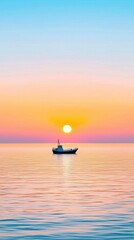 Wall Mural - evening ocean ship in the sea at sunset, serene sunset over calm ocean waters with fishing boat silh