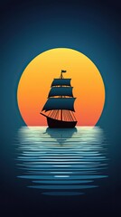Wall Mural - evening ocean ship in the sea at sunset, majestic sailing ship against vibrant sunset with calming w