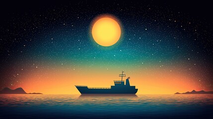 Wall Mural - evening ocean ship in the sea at sunset, silhouette of cargo ship under starry night sky with bright