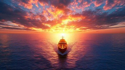Wall Mural - evening ocean ship in the sea at sunset, majestic yacht sailing towards vibrant sunset over calm oce