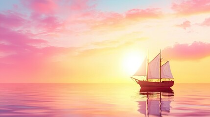 Wall Mural - evening ocean ship in the sea at sunset, serene sailboat gliding across calm waters under vibrant su