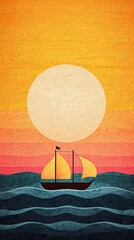 Wall Mural - Evening Ocean ship in the sea at sunset, Vintage Sailboat on Rolling Waves with Warm Sunset and Circular Sun in Bold Colors