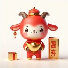 Wall Mural - A cute 3D Goat in a red Chinese outfit holds gold ingots and coins. It symbolizes wealth and good fortune for the Lunar New Year celebration