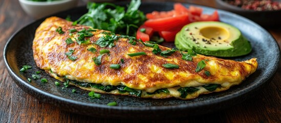 Sticker - Nutritious mushroom and cheese omelette served with fresh vegetables and herbs for a healthy breakfast option