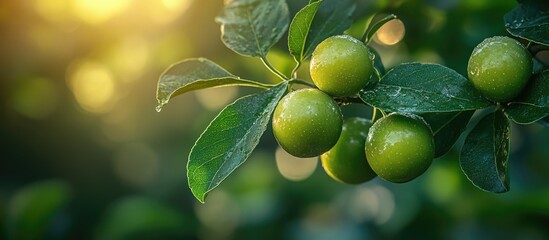 Wall Mural - Green Indian Jujube fruits Ziziphus mauritiana hanging on tree branch surrounded by lush leaves in soft natural light