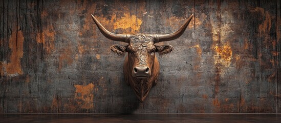 Wall Mural - Highland Cow Head Against Rustic Wall at Twilight with Blank Space for Text or Graphics