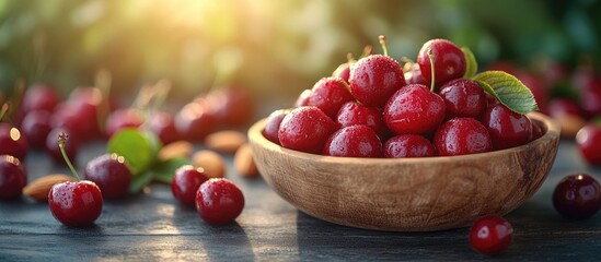 Wall Mural - Freshly harvested ripe cherries in a rustic wooden bowl surrounded by leaves on a dark table, showcasing vibrant colors and healthy food ambiance.