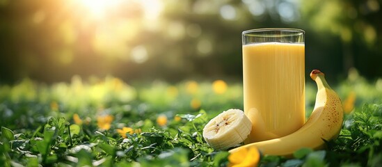 Canvas Print - Healthy breakfast with bananas and a glass of yogurt on vibrant green grass in a sunny summer setting