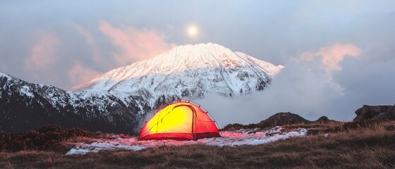Wall Mural - Orange Tent on Snowy Mountain at Sunset