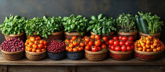 Poster - Fresh organic vegetables and herbs in woven baskets on a rustic wooden table showcasing vibrant colors and natural ingredients for healthy cooking