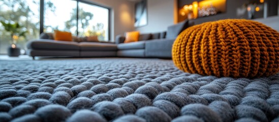 Canvas Print - Cozy living room interior featuring a textured grey carpet and decorative orange pouf in a modern space.