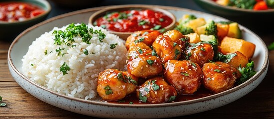 Canvas Print - Indonesian fried chicken with rice served on a white plate garnished with herbs against a rustic wooden table backdrop.