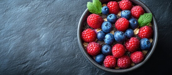 Canvas Print - Colorful smoothie bowl with oatmeal chia seeds topped with fresh berries and mint leaves on a dark background showcasing healthy breakfast options.