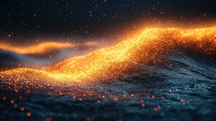 Wall Mural - glowing particle waves flow over dark landscape with sparks