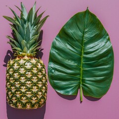 Wall Mural - Pineapple and Tropical Leaf on Purple Background