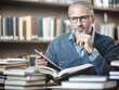© DOUGLAS - thoughtful man in library surrounded by books, holding tablet