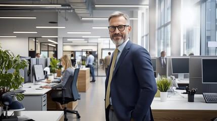 confident businessman in modern office with colleagues working