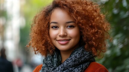 Wall Mural - Close-up portrait of a smiling young woman with curly auburn hair wearing a scarf.