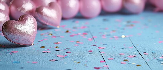 Canvas Print - Pink Glitter Hearts and Confetti on Blue Wooden Background