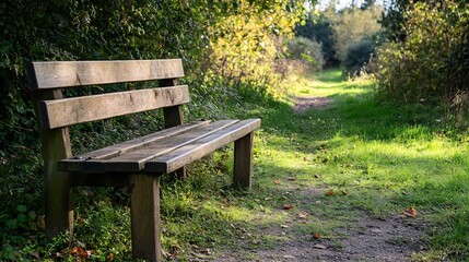 Poster - Serene wooden bench in a tranquil landscape surrounded by greenery and sunlight : Generative AI