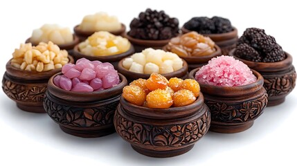 Traditional sweets in carved bowls with cultural decorations in the setting