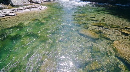 Fototapete - Crystal clear mountain stream flowing gently over rocks with sunlight sparkling on the surface : Generative AI