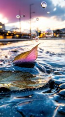 Canvas Print - Purple and Golden Leaf on Water with Sunset City Background