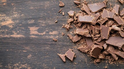 Poster - Delicious chunks of dark chocolate scattered on rustic wooden surface highlighting gourmet indulgence and texture : Generative AI
