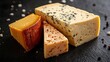 © MST - Three types of cheese on a black background: on the left, a cluster of small,