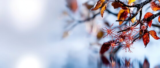 Wall Mural - Red and Orange Autumn Leaves on Blurred Branches