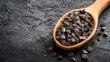 Poster - Natural Dark Chocolate Flakes on a Wooden Spoon Perfect for Baking or Cooking : Generative AI