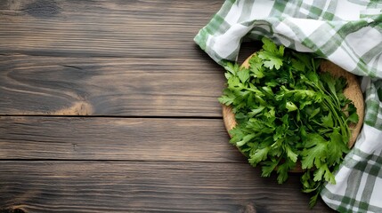 Poster - Freshly Harvested Cilantro Leaves Ready for Culinary Use on Rustic Wooden Table : Generative AI