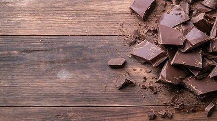 Poster - Delicious dark chocolate pieces scattered on a rustic wooden background for food photography : Generative AI