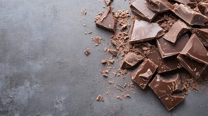 Poster - Delicious dark chocolate pieces scattered on a rustic gray surface perfect for dessert styling : Generative AI