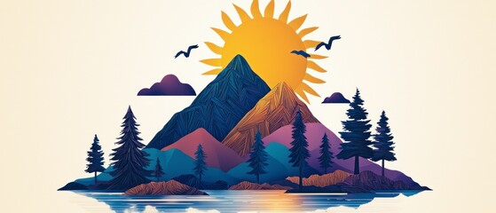 Wall Mural - Serene Mountain Lake Sunset Landscape Illustration