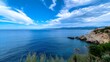 Panoramic view of a beautiful coastal landscape with cliffs and clear blue waters under a dramatic sky : Generative AI