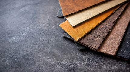 Poster - Collection of textured and colorful stone samples laid out on a dark surface for design and architecture use : Generative AI