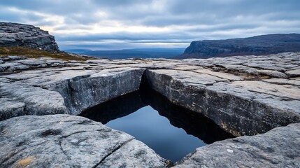 Poster - Dramatic geological formation with a deep rock pool reflecting the cloudy sky in a rugged landscape : Generative AI