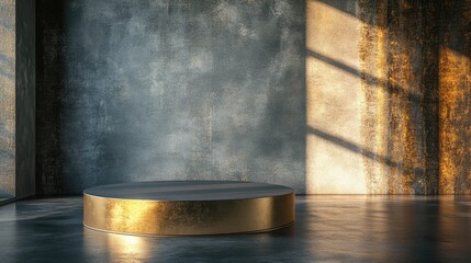 Wall Mural - A modern gray podium with a brushed gold surface, illuminated by sunlight.