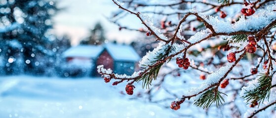 Wall Mural - Snow Covered Branches with Red Berries and a Blurred Snowy House Background