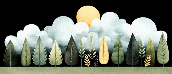 Wall Mural - Stylized Forest Scene at Sunset with Watercolor Clouds
