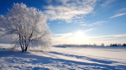 Aufkleber - Stunning winter landscape showcasing a frosty tree under a bright blue sky with sunlight shining through : Generative AI