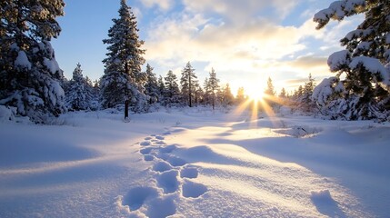 Wall Mural - Stunning winter landscape with sun rays shining through snowcovered trees in tranquil setting : Generative AI