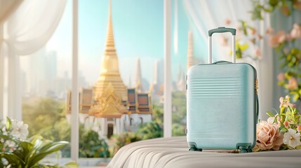 Traveler s Delight A Suitcase Stands Poised Ready to Embark on an Exotic Adventure Amidst the Stunning Architectural Wonders of a Tropical Paradise  This Image Captures the Essence of Wanderlust