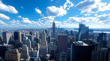 Wall Mural - Breathtaking view of New York City skyline under a sunny blue sky with fluffy clouds : Generative AI